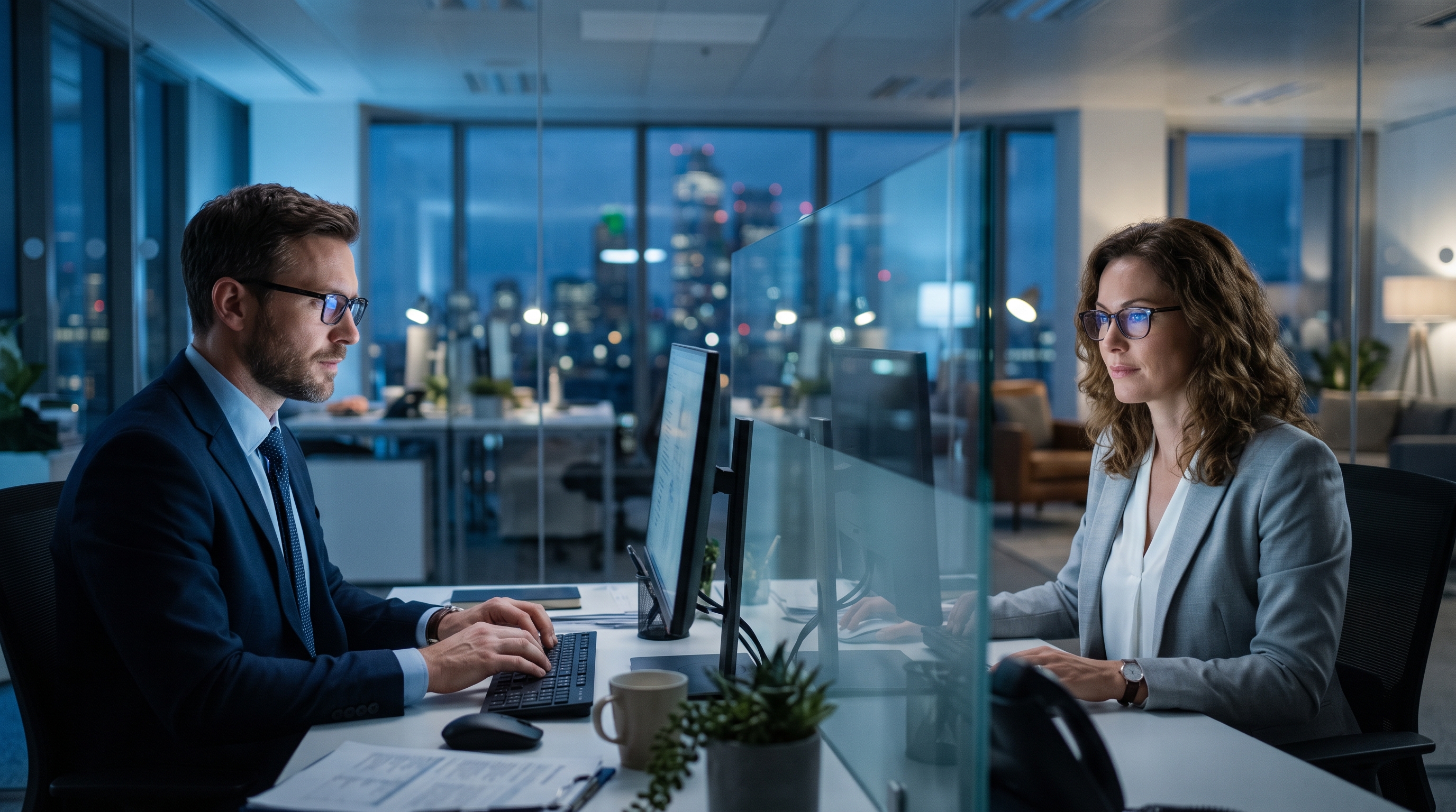 Dos profesionales con anteojos trabajando en una oficina