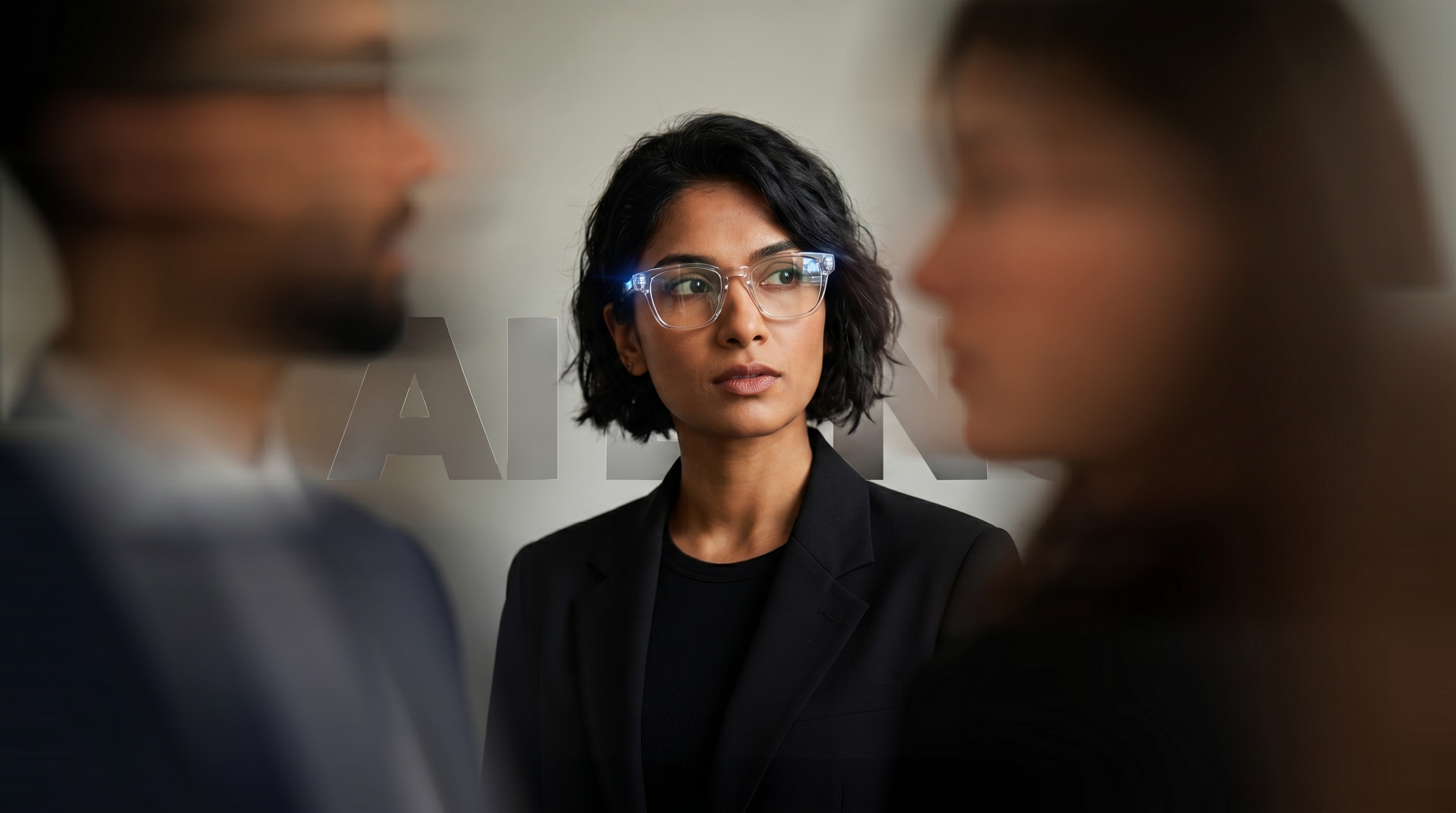 Mujer con lentes AI Lens entre personas desenfocadas
