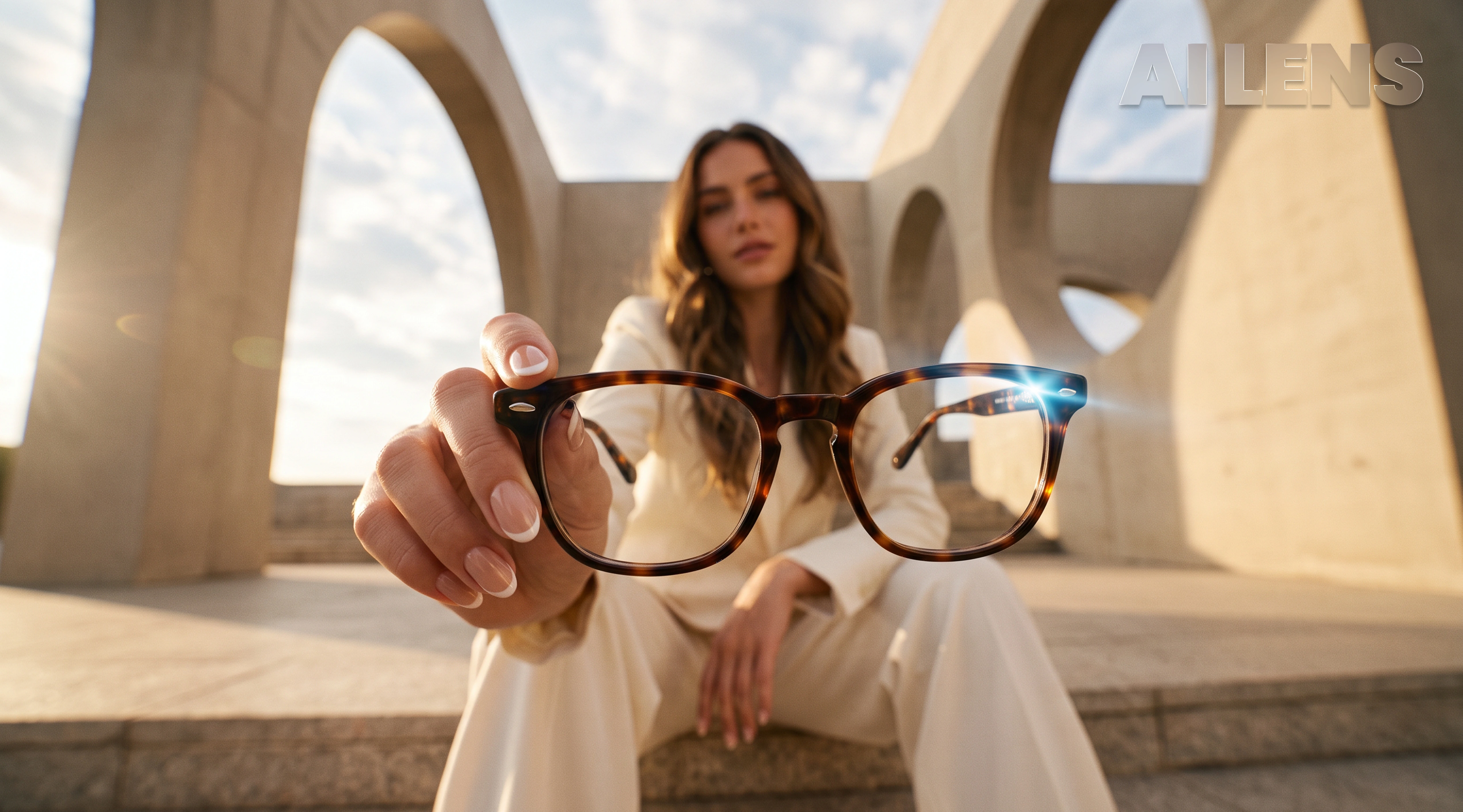 Mujer sentada entre arcos sosteniendo unos anteojos