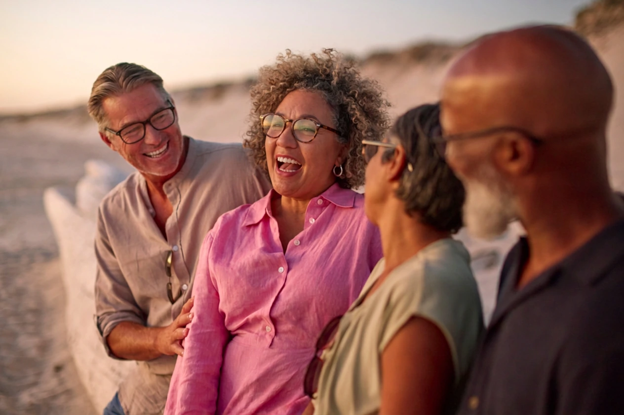 Grupo de personas con anteojos conversando al aire libre