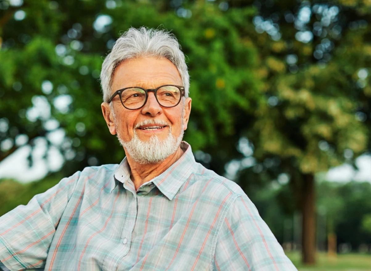 Hombre con anteojos en un jardín