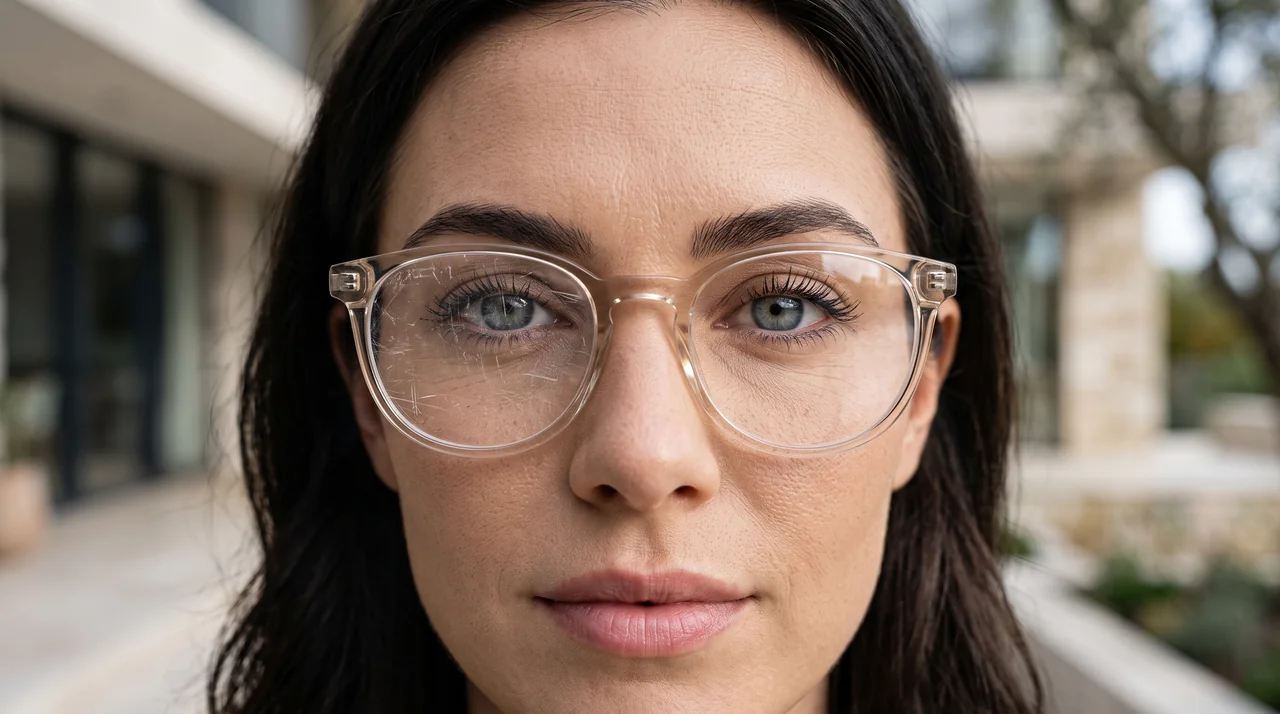 Mujer con gafas transparentes: la lente de la izquierda presenta rayas y la de la derecha se ve clara
