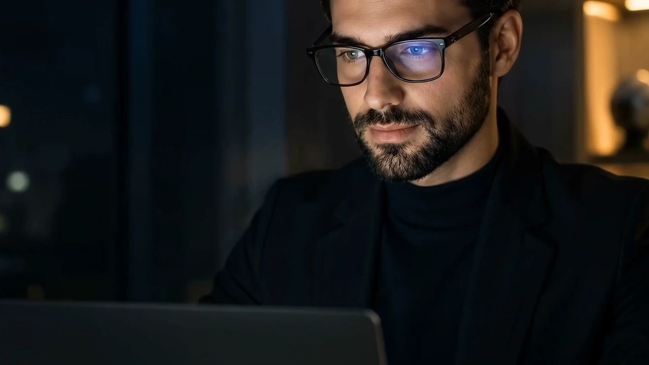 Hombre con lentes frente a luz azul