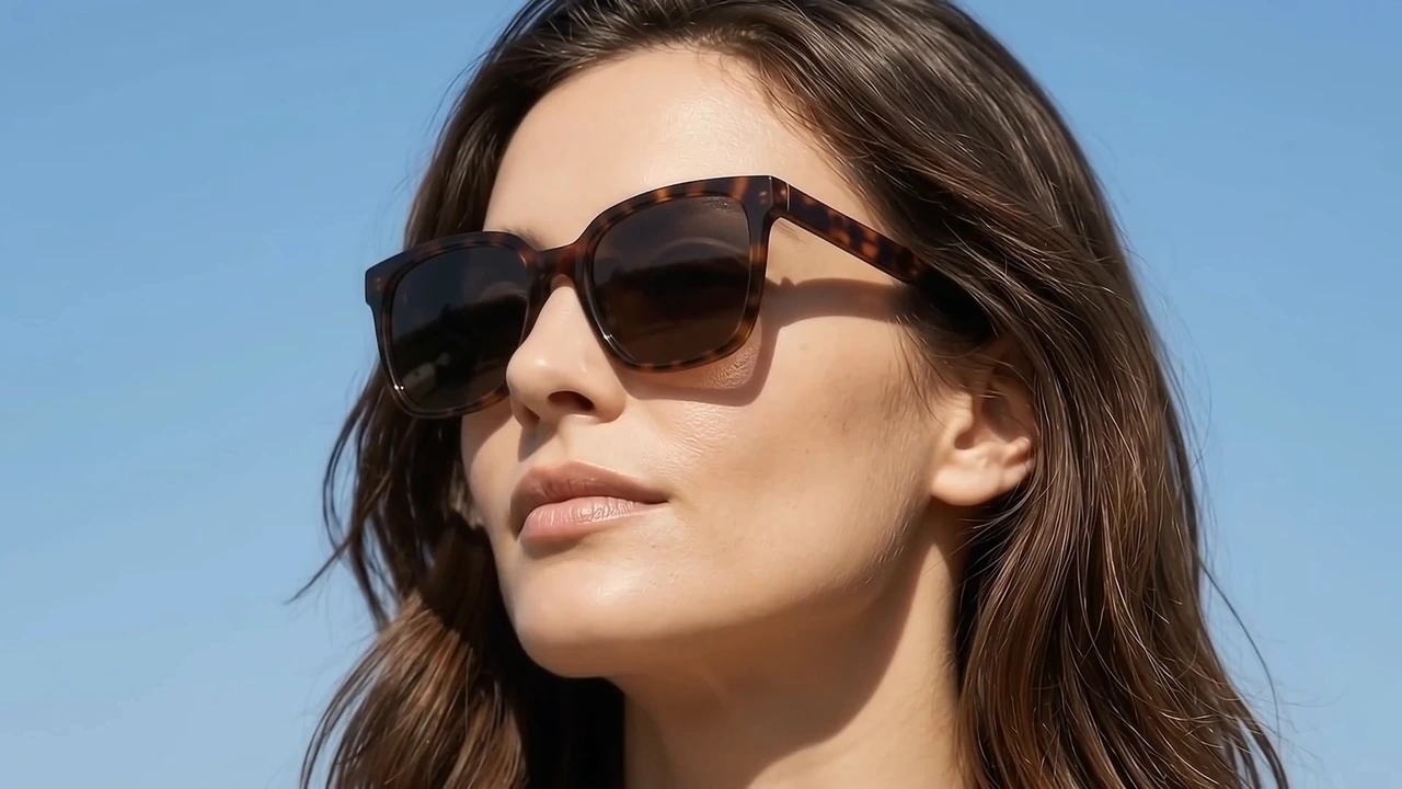 Mujer con gafas oscuras y los ojos cerrados al aire libre, con cielo azul de fondo